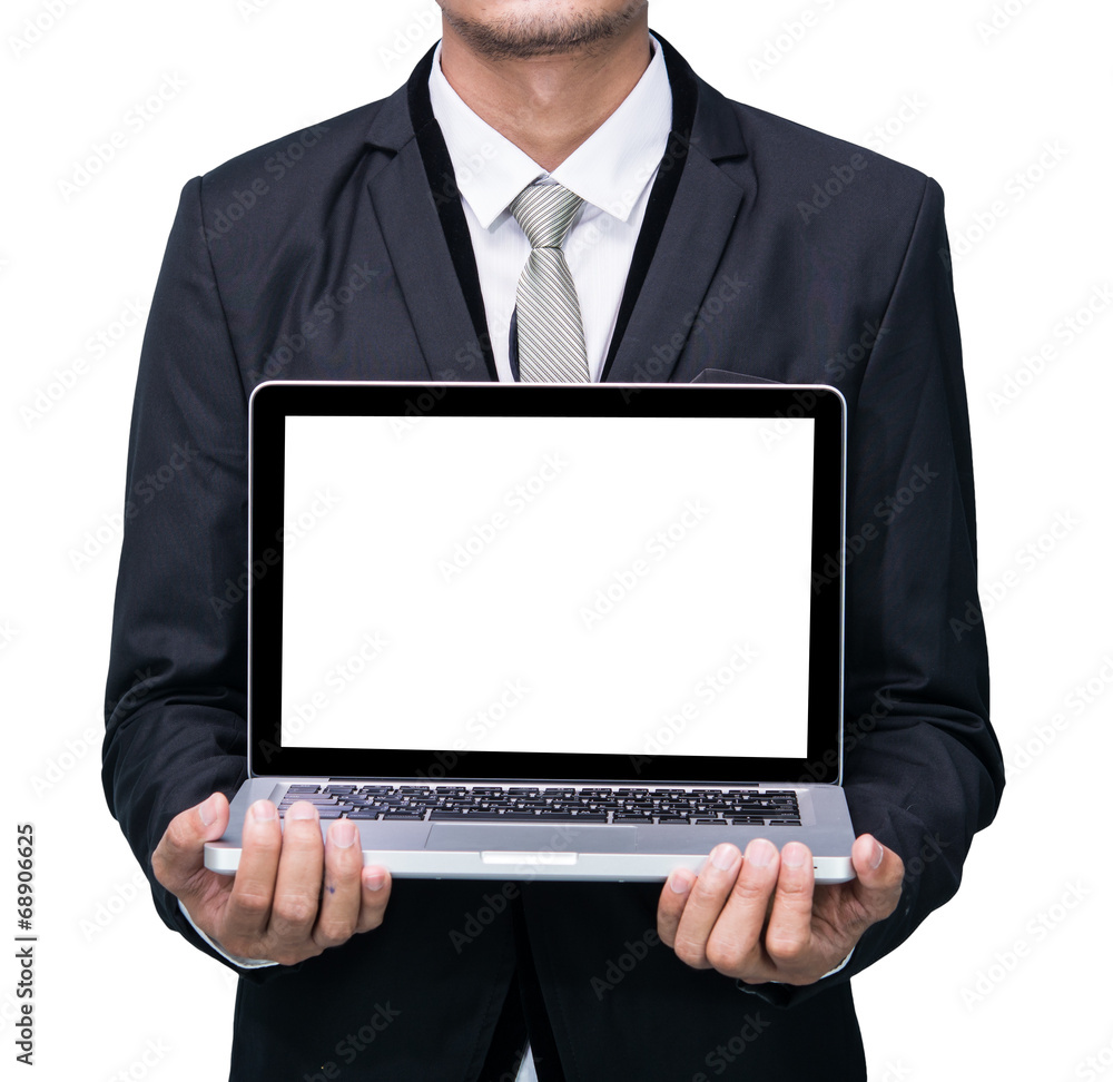 Businessman standing posture hand hold notebook laptop isolated Businessman standing posture hand hold notebook laptop isolated