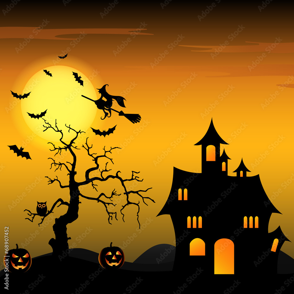 Halloween night background with witch and pumpkins