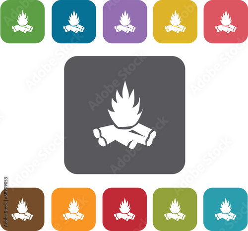 Fire Camping icons set. Rectangle colorful 12 buttons. Illustrat