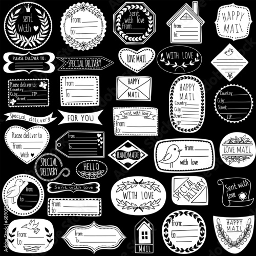 Set of handmade stamps for mail with handdrawn font