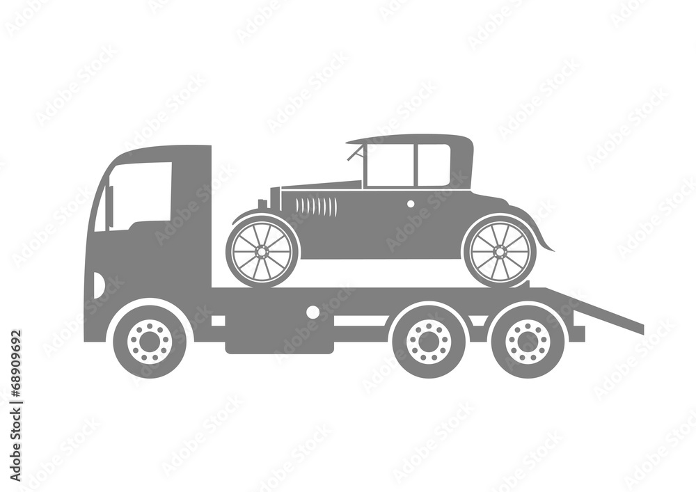 Grey tow truck and car on white background