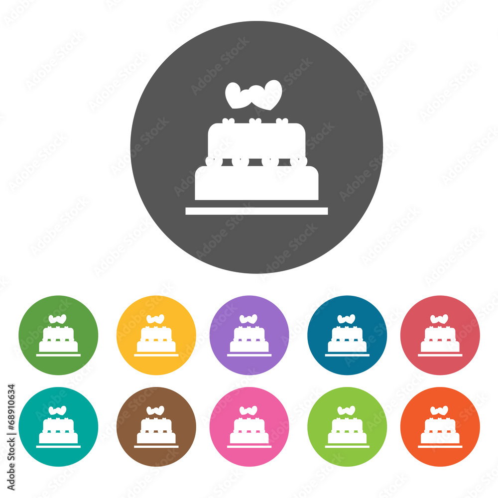 Wedding Cake. Valentines icons set. Round colorful 12 buttons. I Wedding Cake. Valentines icons set. Round colorful 12 buttons. I