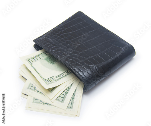 Leather wallet with money isolated on white background