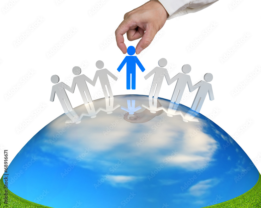 hand holding 3D man on nature ball hand holding 3D man on nature ball