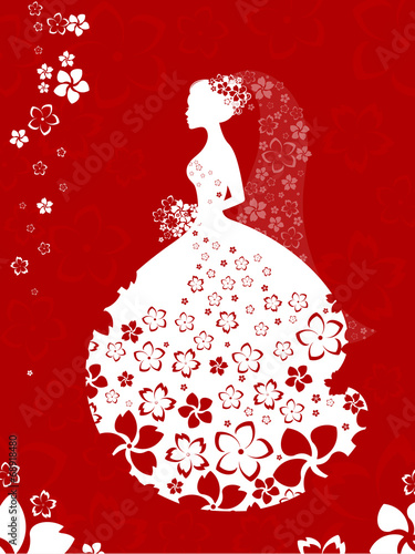 Bride silhouette, floral card in white and red colours