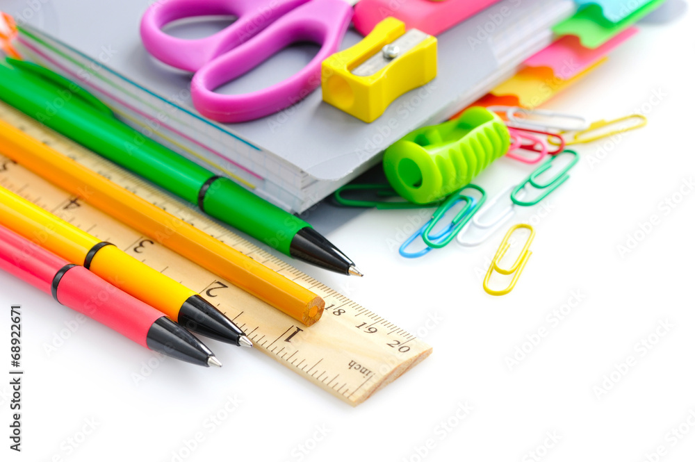 School office supplies on white background School office supplies on white background