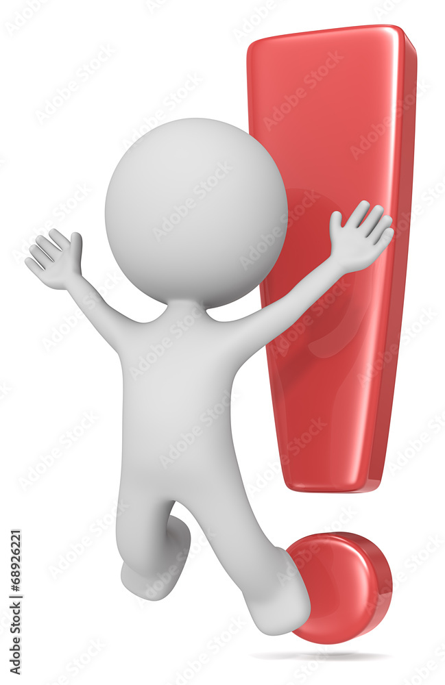 The Dude jumping in front of exclamation mark. Red isolated. The Dude jumping in front of exclamation mark. Red isolated.
