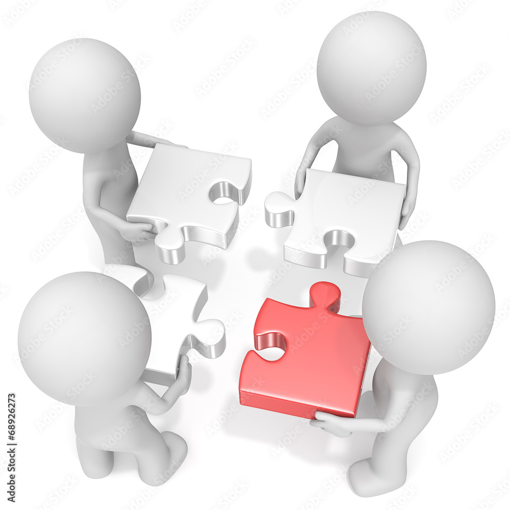 Contribution.The dude x4 holding puzzle pieces. One red. Stock ...