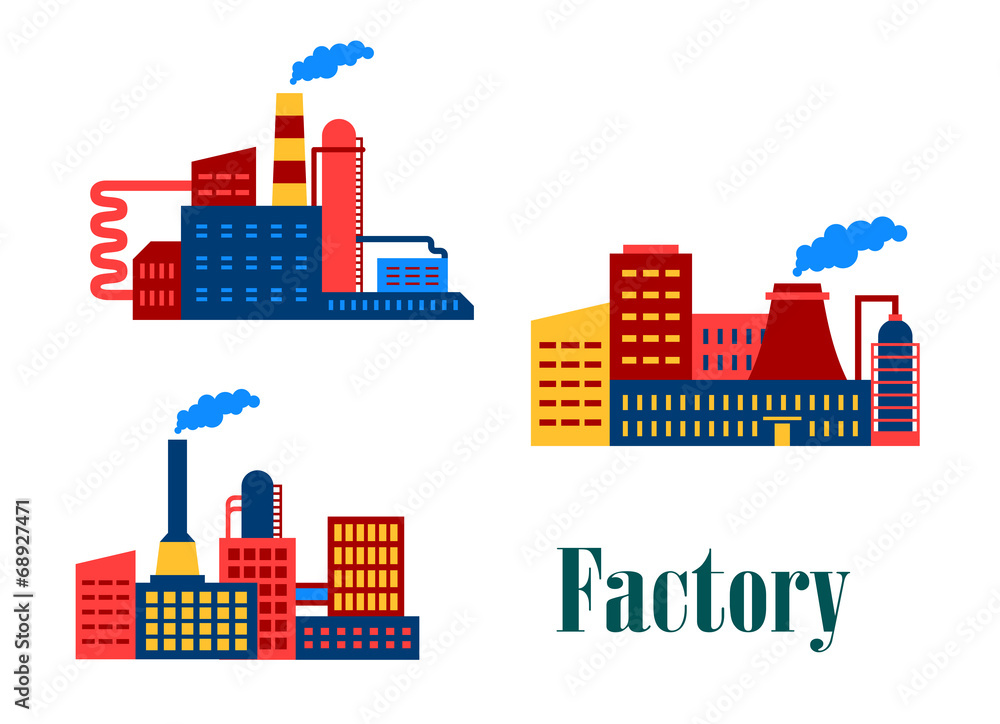 Flat factory and plants icons Flat factory and plants icons