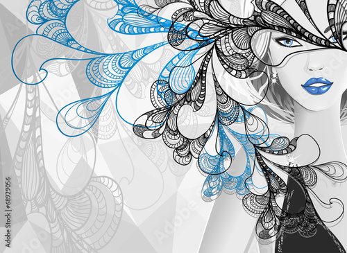 Beautiful silver girl with doodle abstract mask