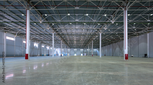 Big automated empty warehouse, panorama of space for modern shelvings and boxes