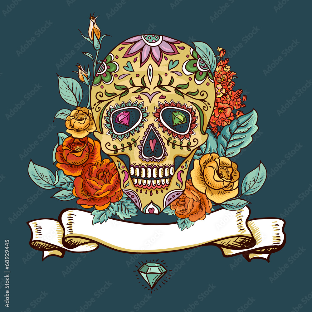 Skull and Flowers Day of The Dead - obrazy, fototapety, plakaty 