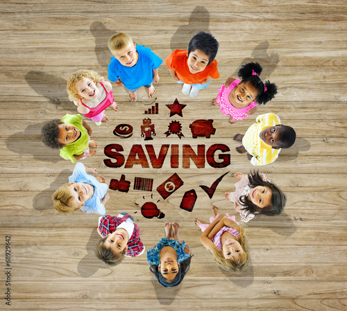Multiethnic Group of Children with Saving Concept