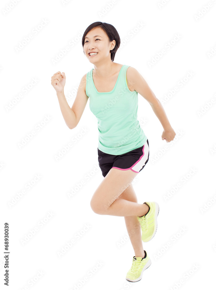 happy young woman runner isolated on white happy young woman runner isolated on white
