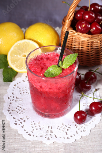 Fresh cold cherry cocktail with mint and lemon