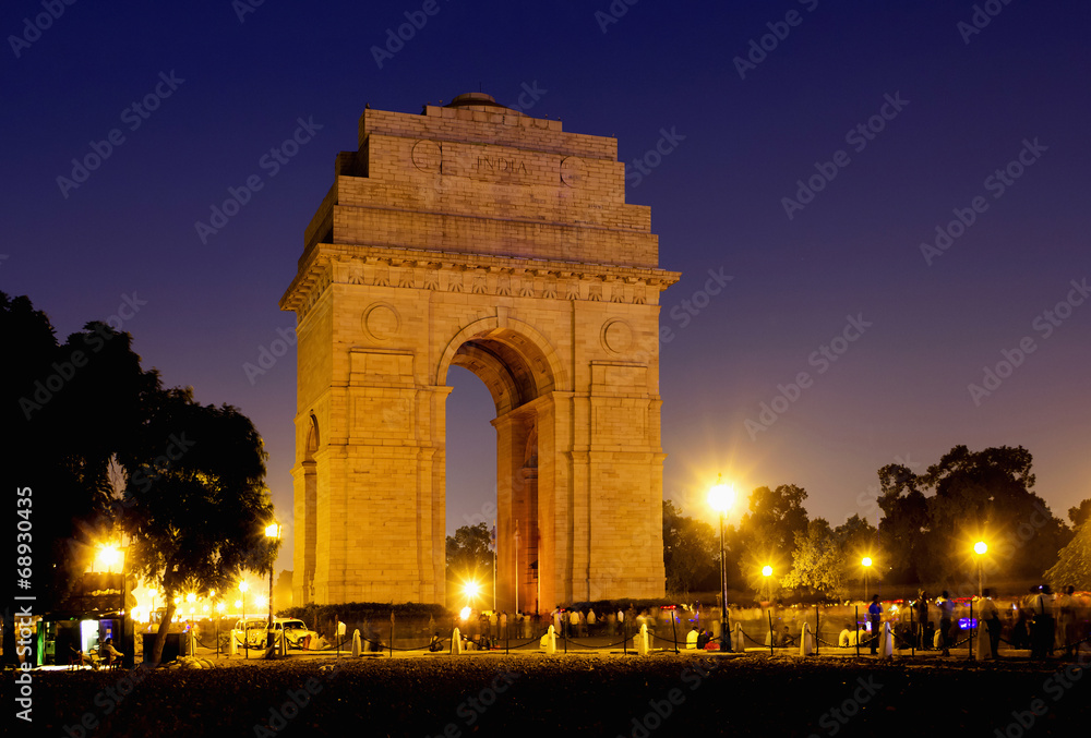 India Gate war memorial at night in New Delhi, India