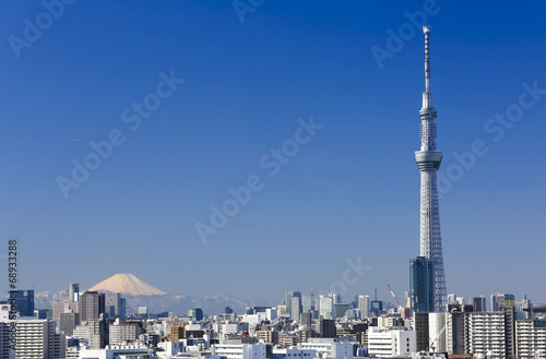 快晴青空・美しい富士山と東京スカイツリー（2機の旅客機が飛ぶ）