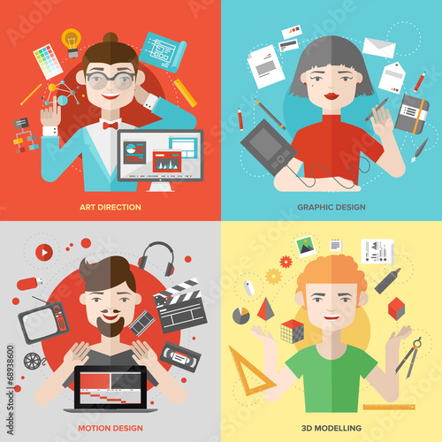 Arts and design occupations flat illustrations