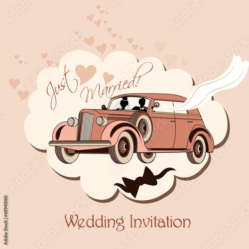 Wedding invitation with retro car, bride and groom just married