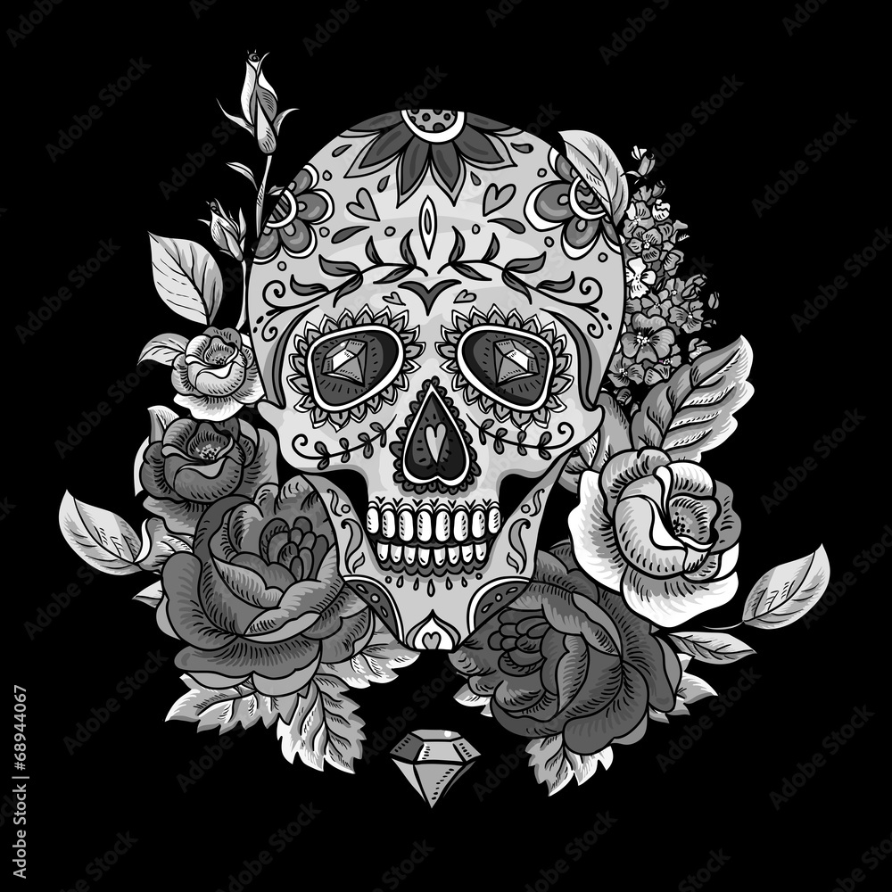 Fototapeta premium Monochrome Skull, diamond and Flowers Card