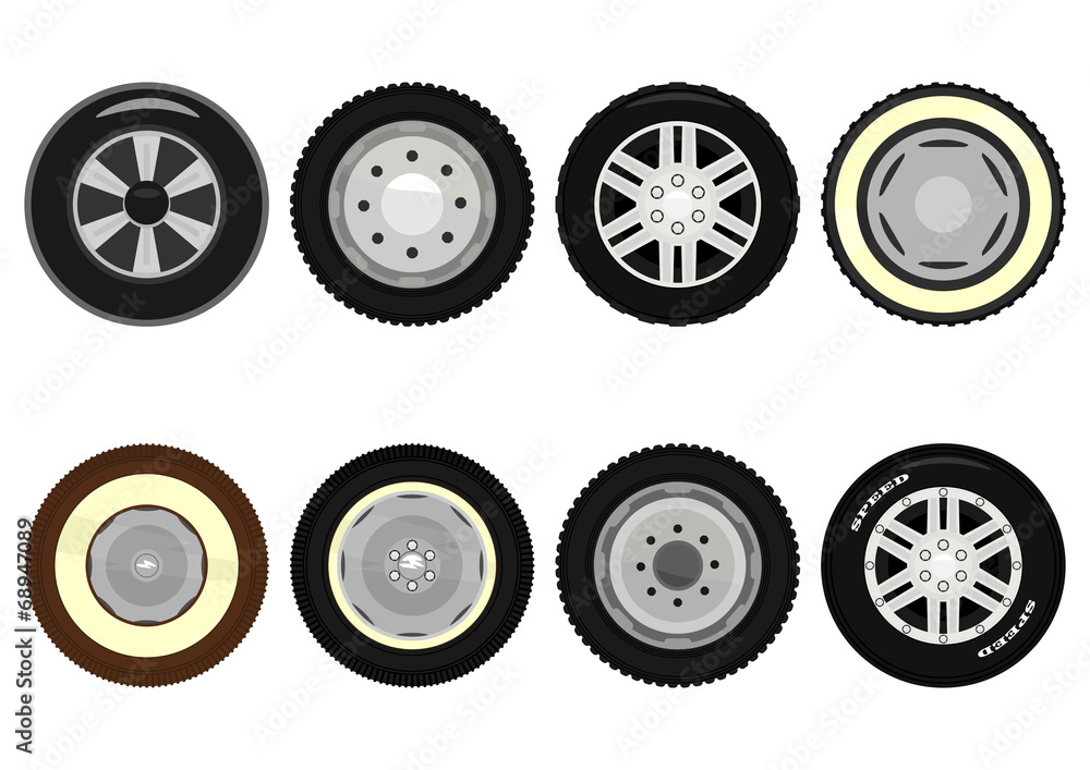 Set of cartoon car wheels on a white background. Vector Stock Vector