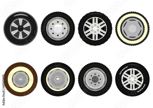 Set of cartoon car wheels on a white background. Vector