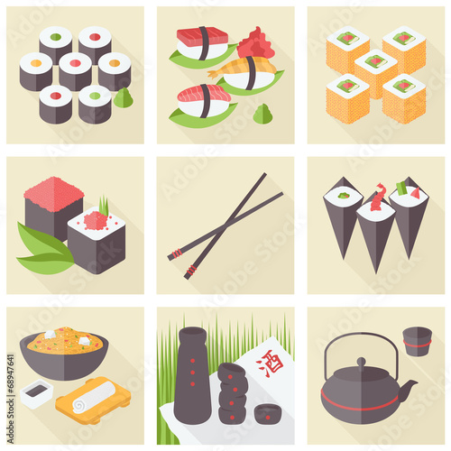 Asian food flat icons set