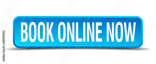 book online now blue 3d realistic square isolated button