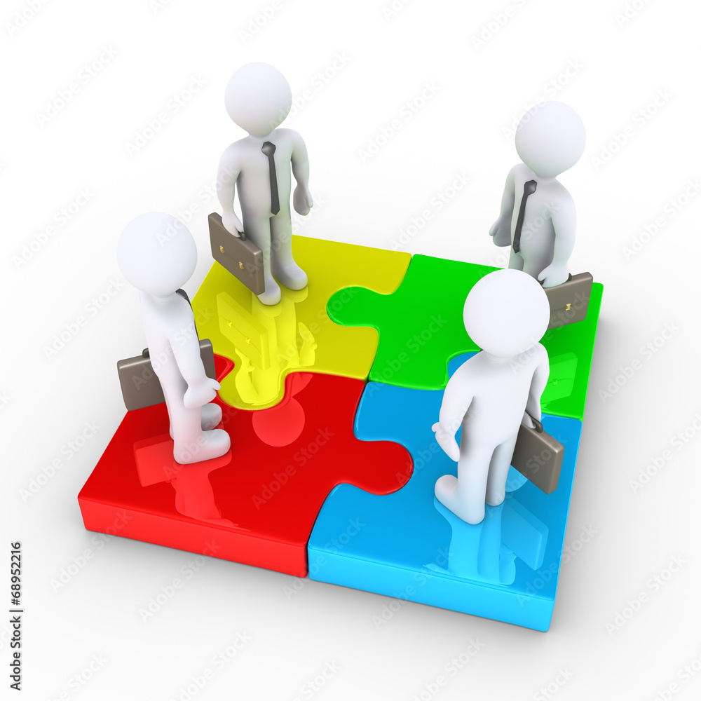 Four businessmen are united by puzzle pieces Four businessmen are united by puzzle pieces