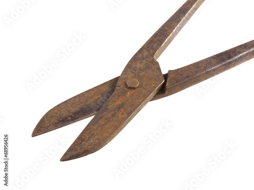 Close up photo of tin snips on a white background.
