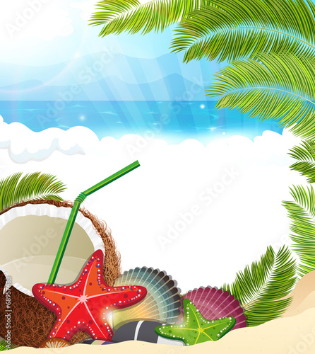 Tropical background with  palm trees and coconut cocktail