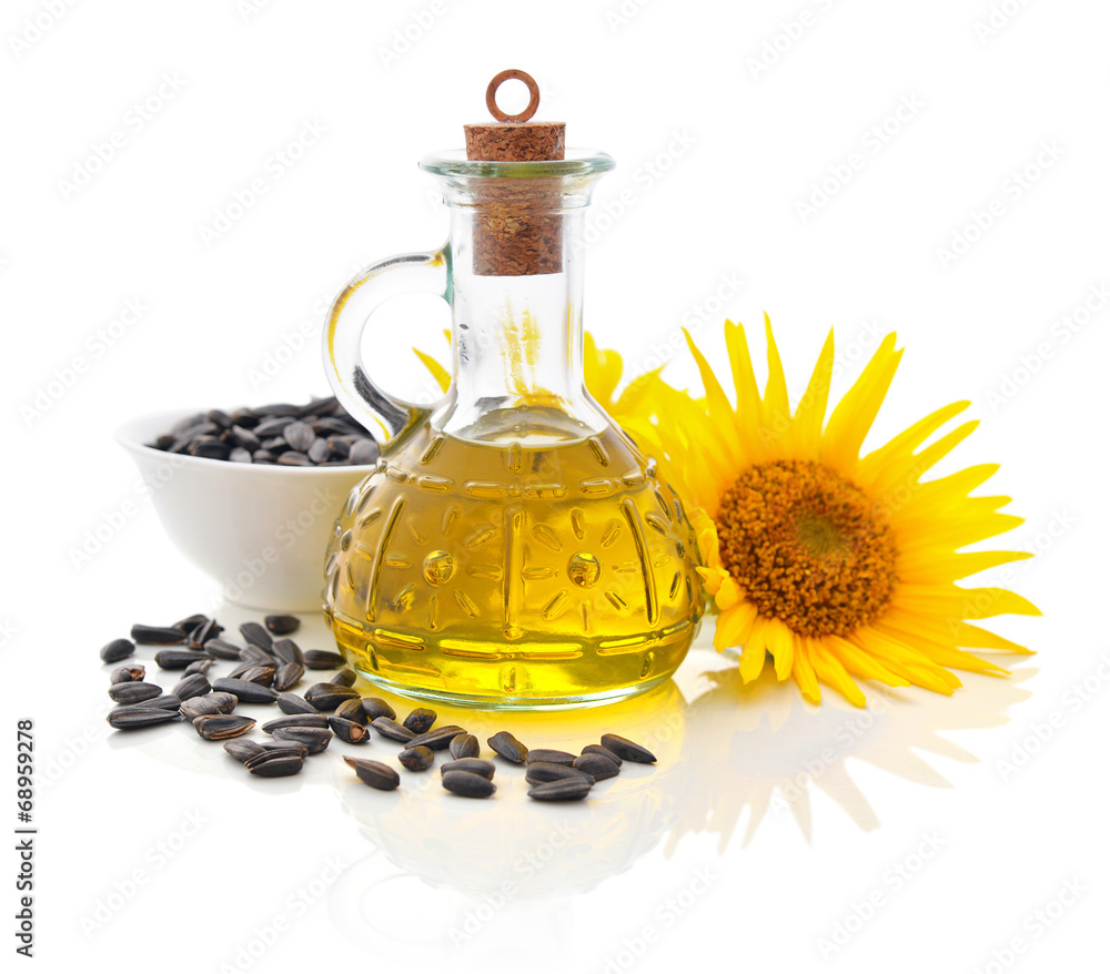 Sunflower oil in bottle - obrazy, fototapety, plakaty 