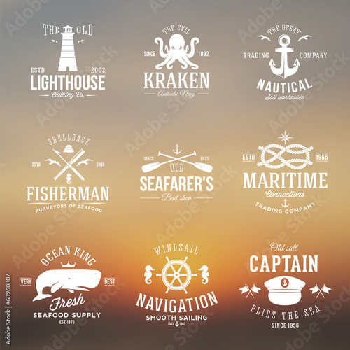 Set of Vintage Nautical Labels or Signs With Retro Typography on