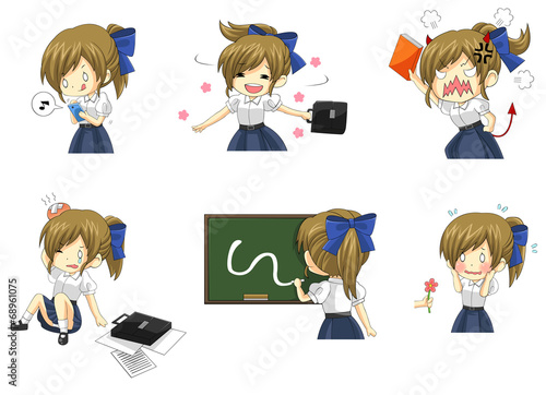 Cute Thai schoolgirl student in various activities and emotion i