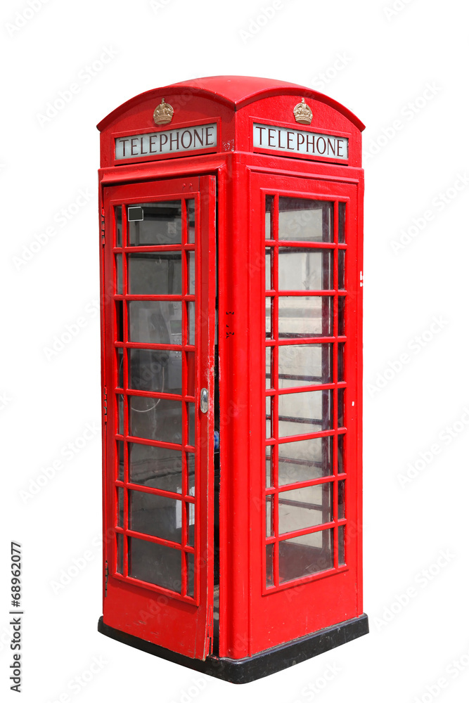 Classic British red phone booth in London, isolated on white - obrazy, fototapety, plakaty 