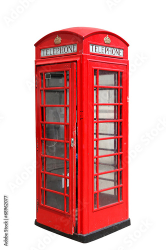 Classic British red phone booth in London, isolated on white