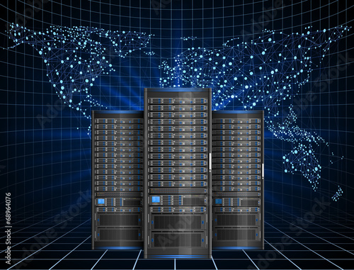 Illustration of server with abstract map on the background