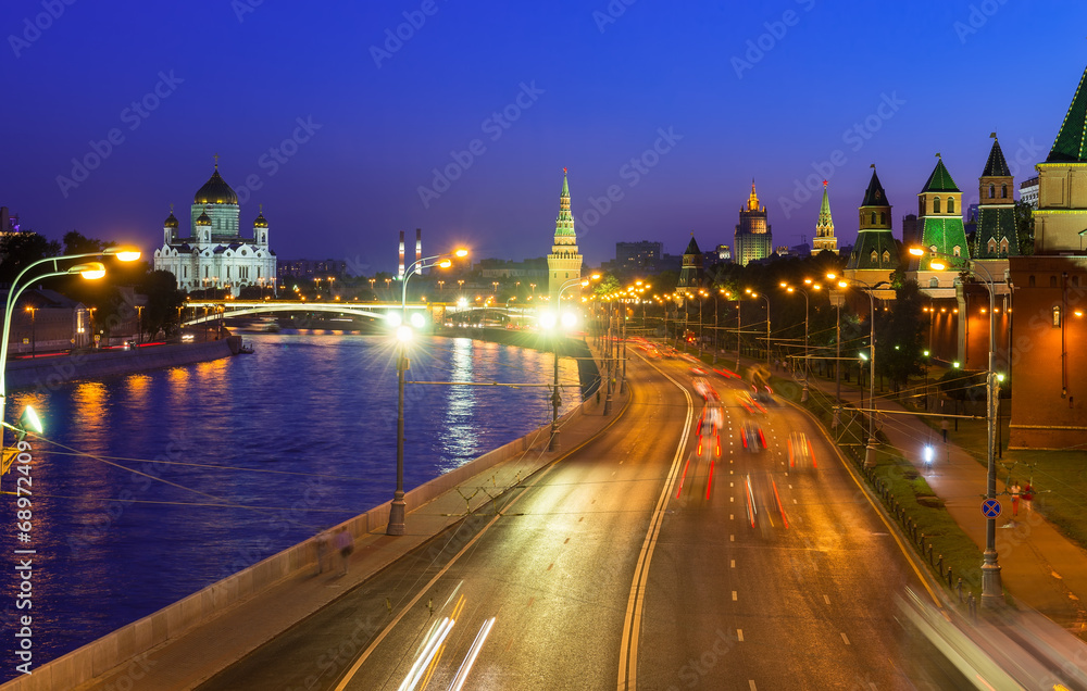 Night view of Kremlin and Moscow River in Moscow, Russia