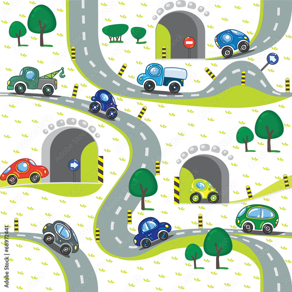 Fototapeta Cars on the road. Seamless pattern.