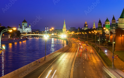 Night view of Kremlin and Moscow River in Moscow, Russia