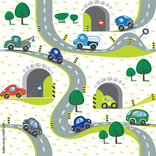 Cars on the road. Seamless pattern.