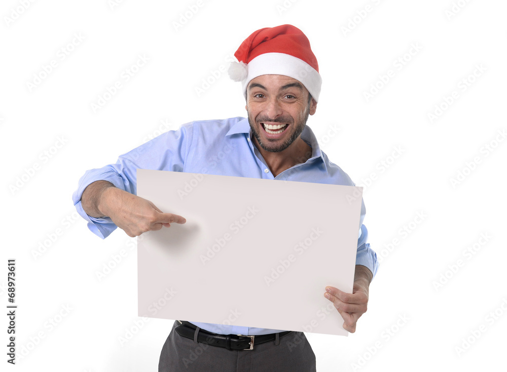handsome man in santa christmas hat pointing blank billboard handsome man in santa christmas hat pointing blank billboard