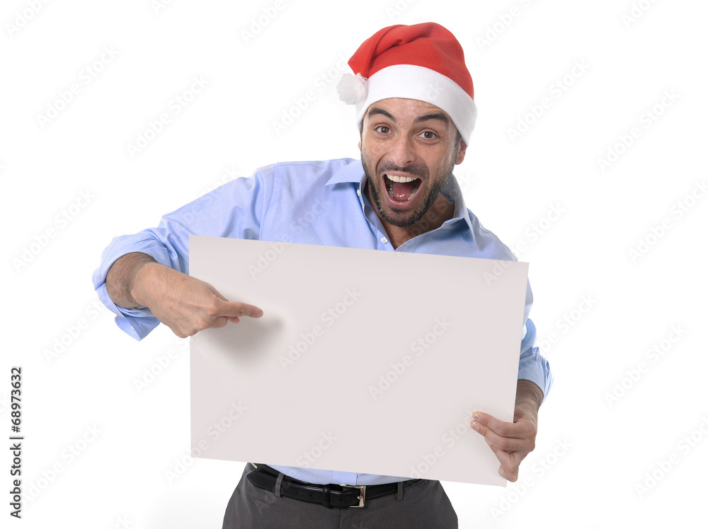 business man in santa christmas hat pointing blank billboard business man in santa christmas hat pointing blank billboard