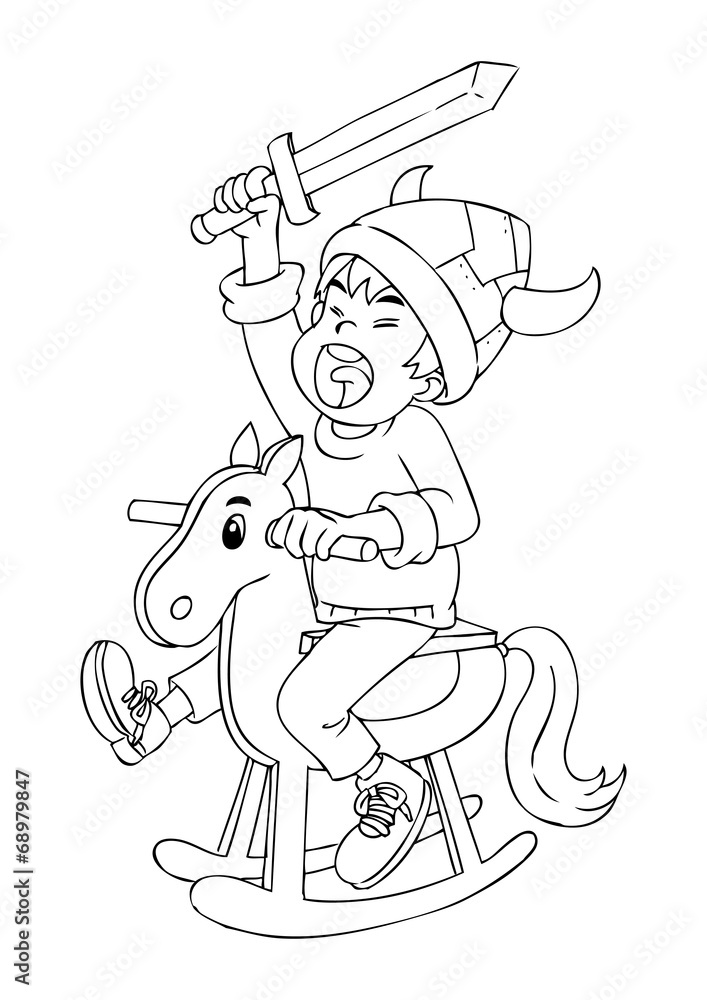 Fototapeta premium Outline illustration of a kid playing with wooden horse
