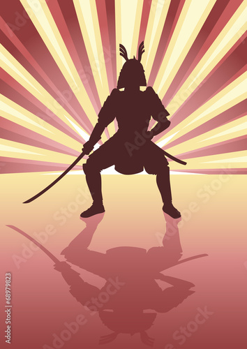 Illustration of an armored samurai on light burst background