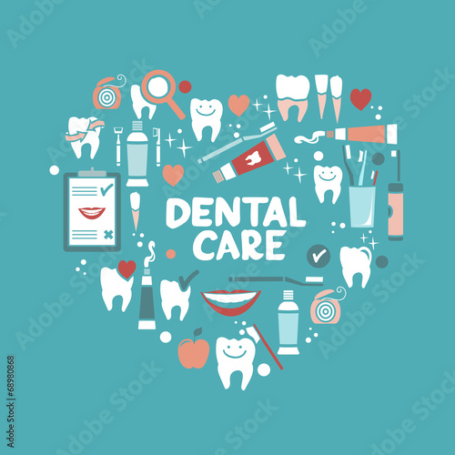 Dental care symbols in the shape of heart.