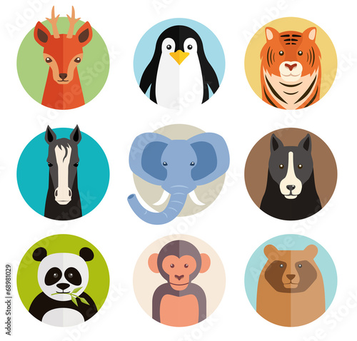 Set of vector animal icons in round buttons