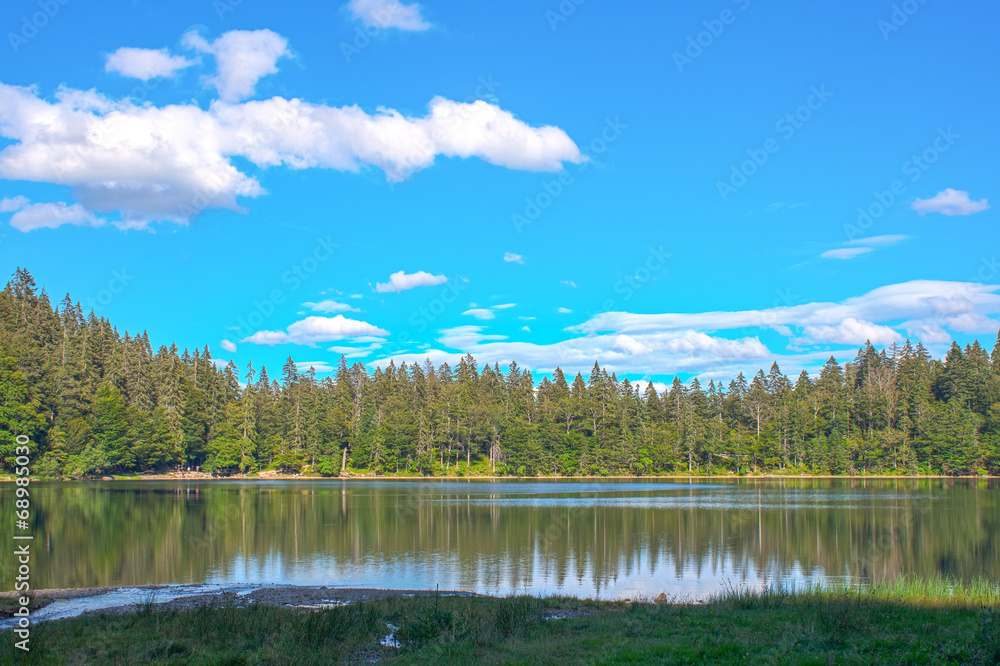 Panorama  view over lake pine tree clouds black forest Germany