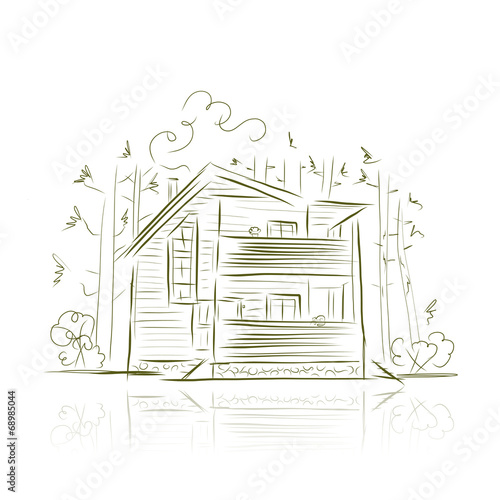 Country house in forest, sketch for your design