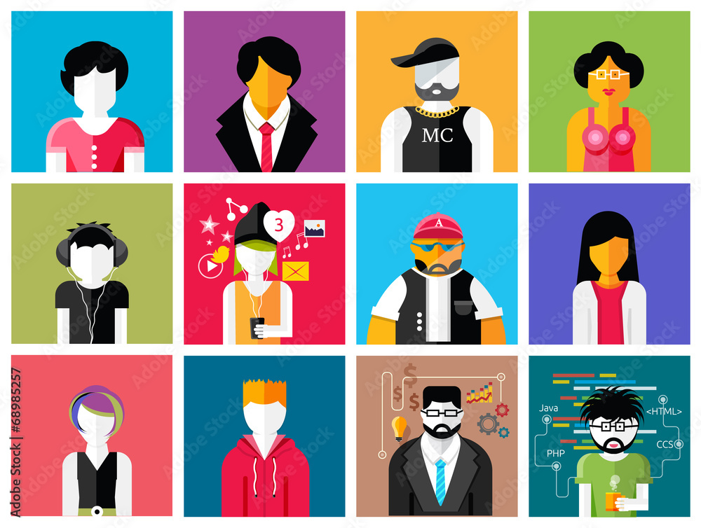 Set of stylish avatars of man and woman icons - obrazy, fototapety, plakaty 